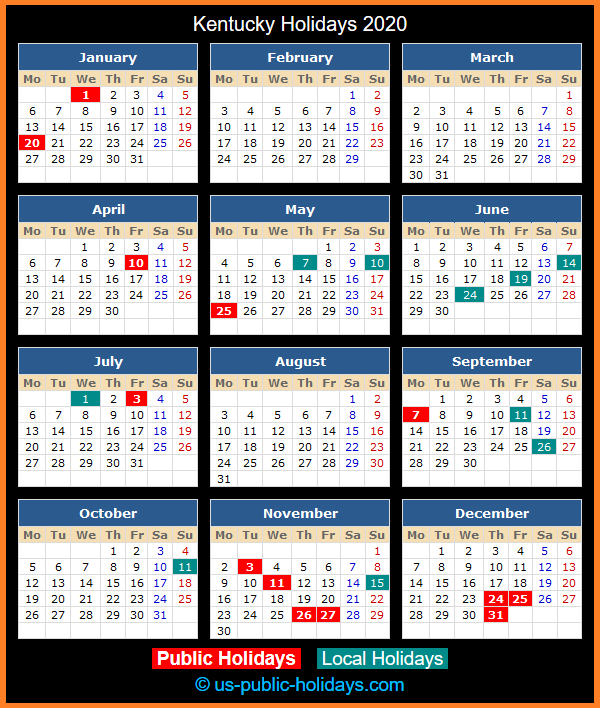 Kentucky Holiday Calendar 2020